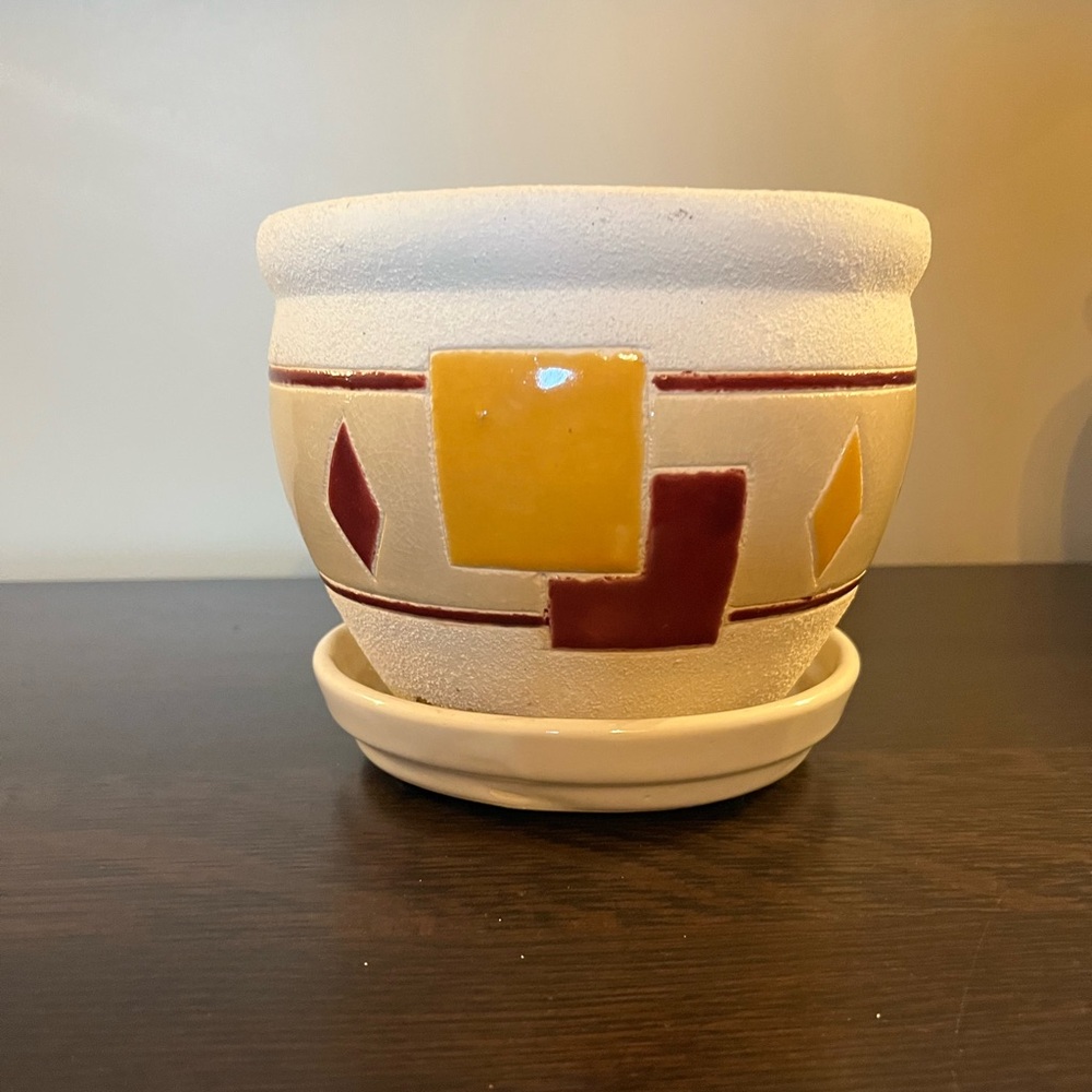 Vintage Planter Pot Modern Mid Century Design With Saucer Geometric